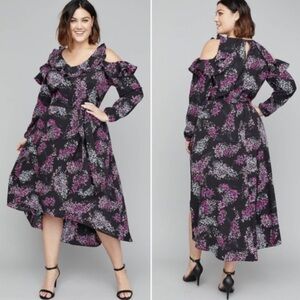 ✨lane bryant black floral cold shoulder ruffle midi dress✨